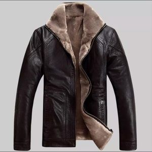Thicken faux fur lined leather coat